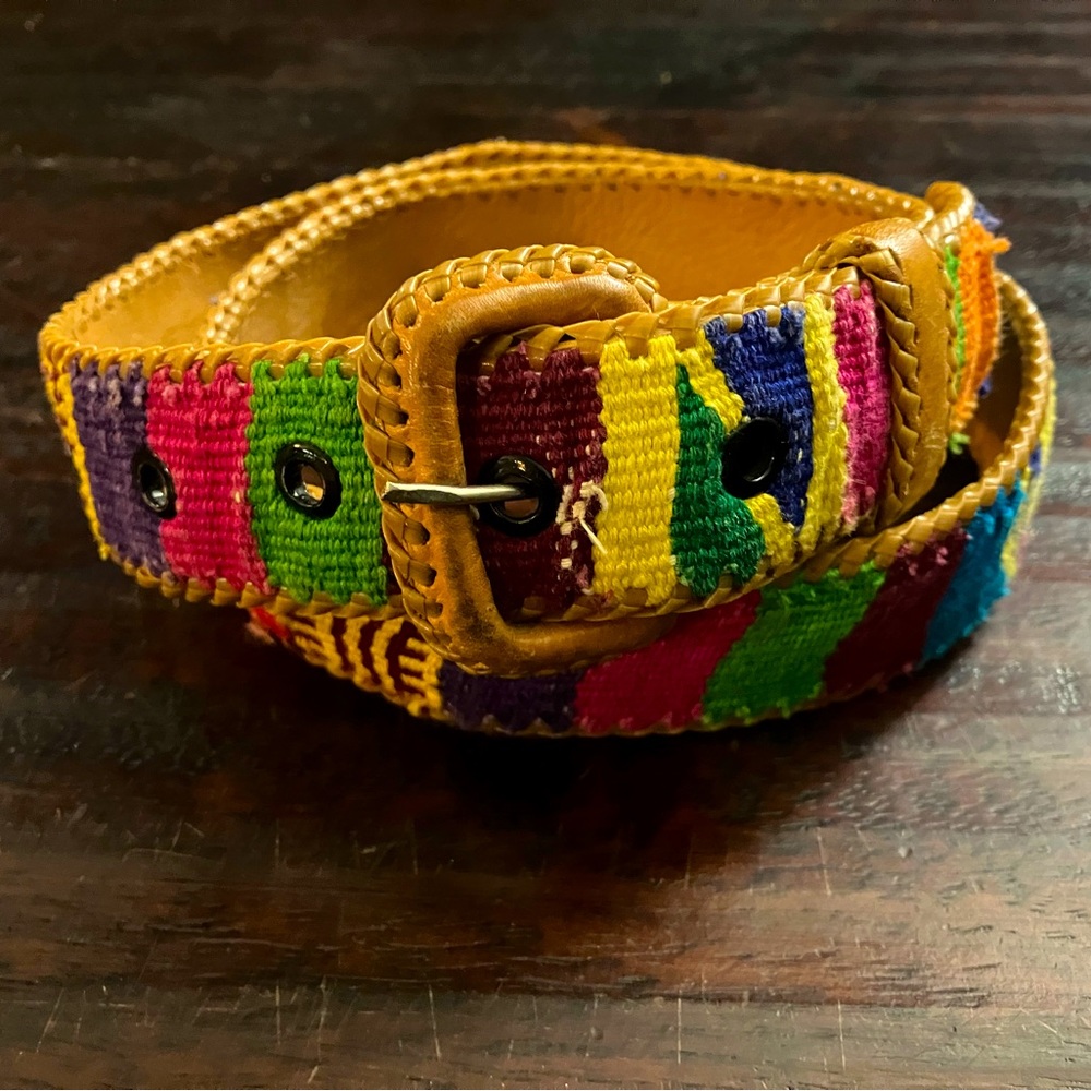 37” multicolor woven Guatemalan leather belt